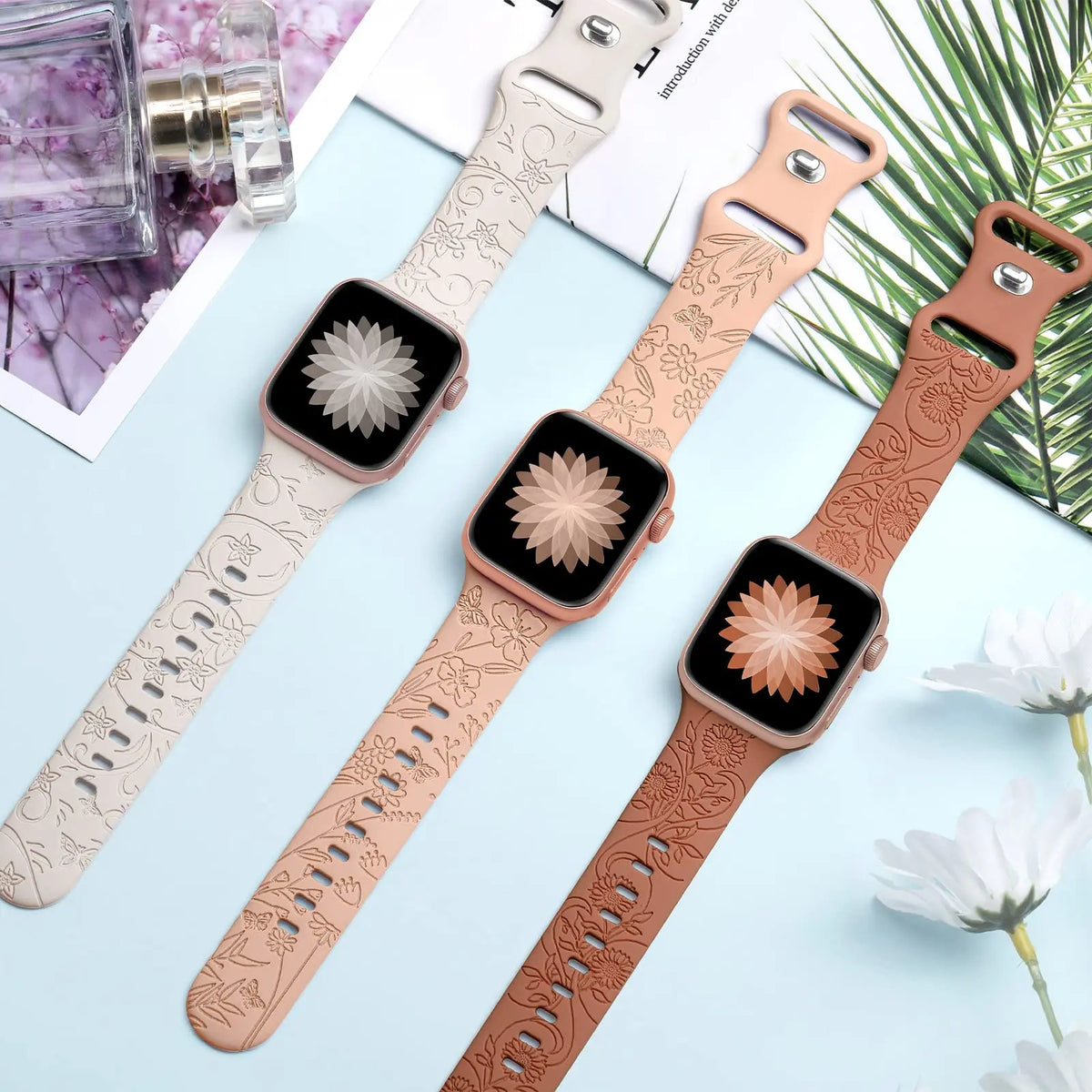 Floral Engraved Strap For Apple Watch Band 41mm 44mm 40mm 49mm 46mm 45 38 42 silicone bracelet iwatch series se 7 8 9 ultra 2 10