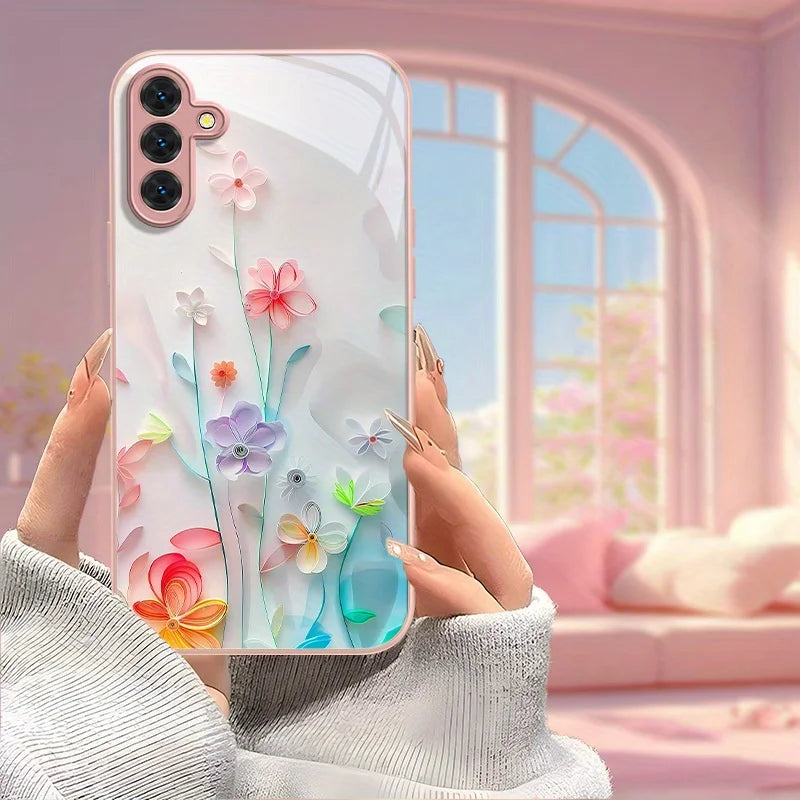 Hard Glass Flowers Case For Samsung S26 S25 Ultra S24 S23 Plus S21 FE S22 A57 A56 5G A55 A54 A36 A53 A52S A17 A34 A51 Case Cover