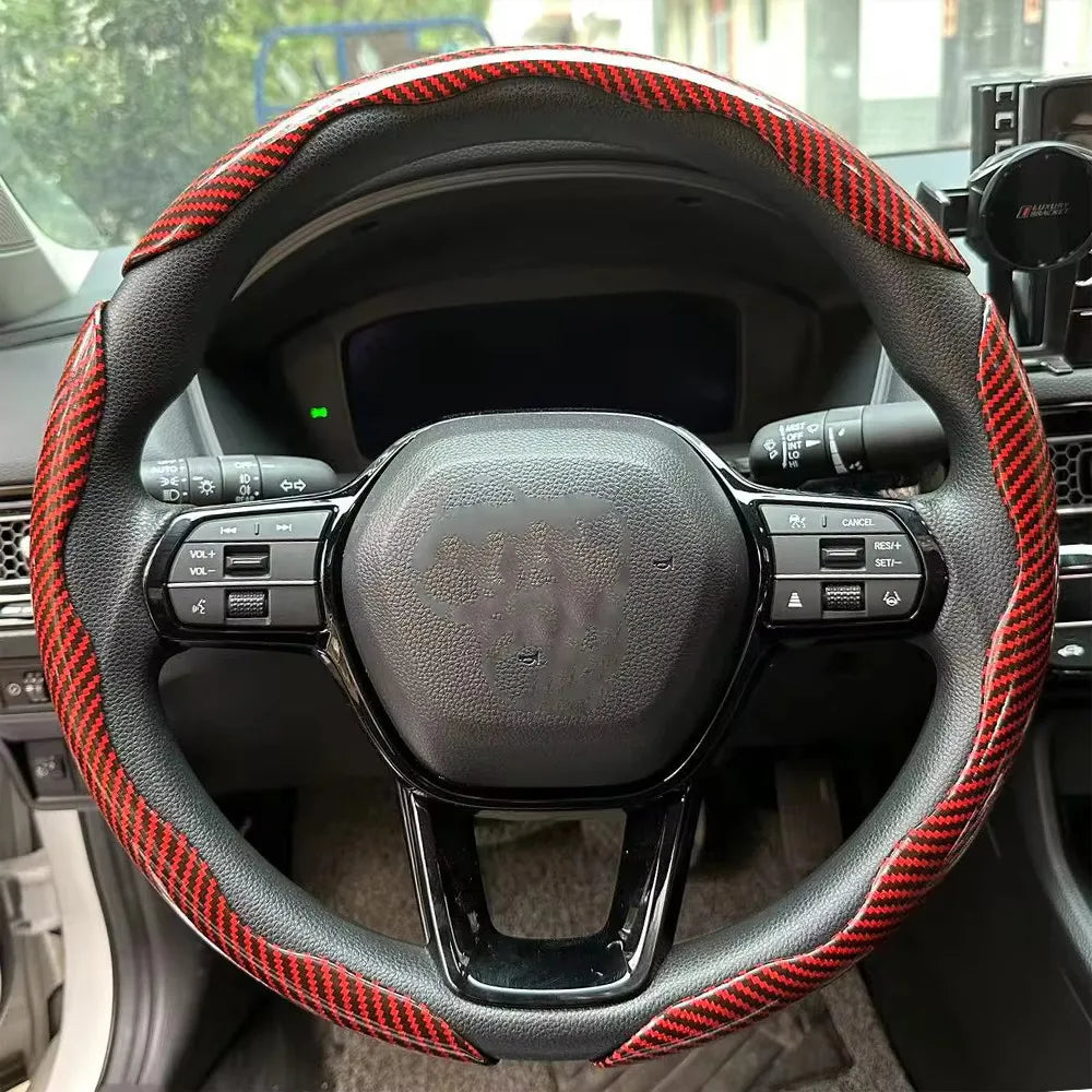 3PCS Laser Carbon Fiber Silicone Car Steering Wheel Cover 1K Micro Fiber Leather PVC Wheel Booster Cover Non-Slip Universal