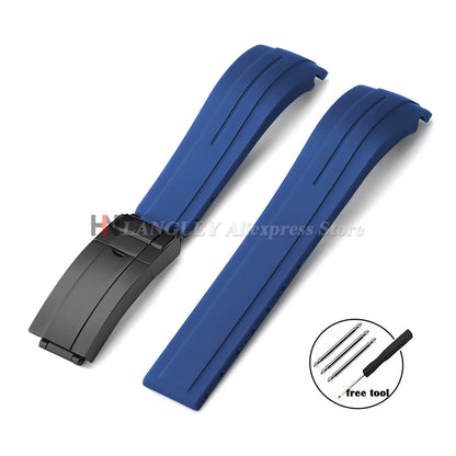 Curved Rubber Watch Bracelet 20mm 21mm 22mm for Rolex Green Water Ghost for Oysterflex Waterproof Silicone Folding Buckle Straps