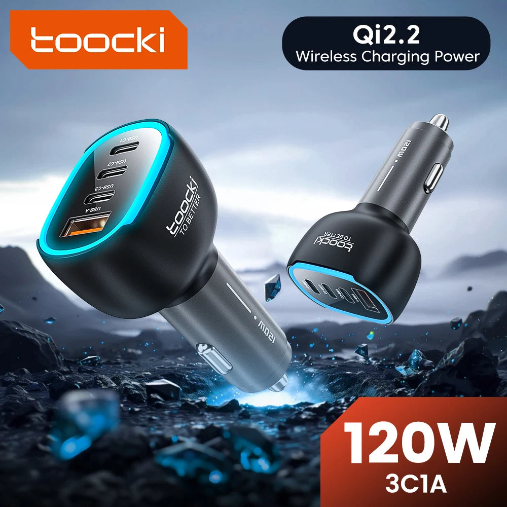 Toocki 120W Mini Car Charger Qi2.2 45W Max USB C PD PPS QC Fast Charging LED Light Zinc Alloy Phone Charger for iPhone17 Samsung