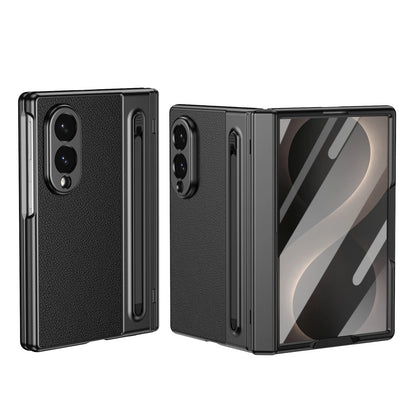 Leather Skin Tempered Glass Hinge Case for Samsung Galaxy Z Fold 8 7 6 5 4 3 Fold8 Ultra Fold7 Fold6 Fold5 Fold4 Fold3 Cover