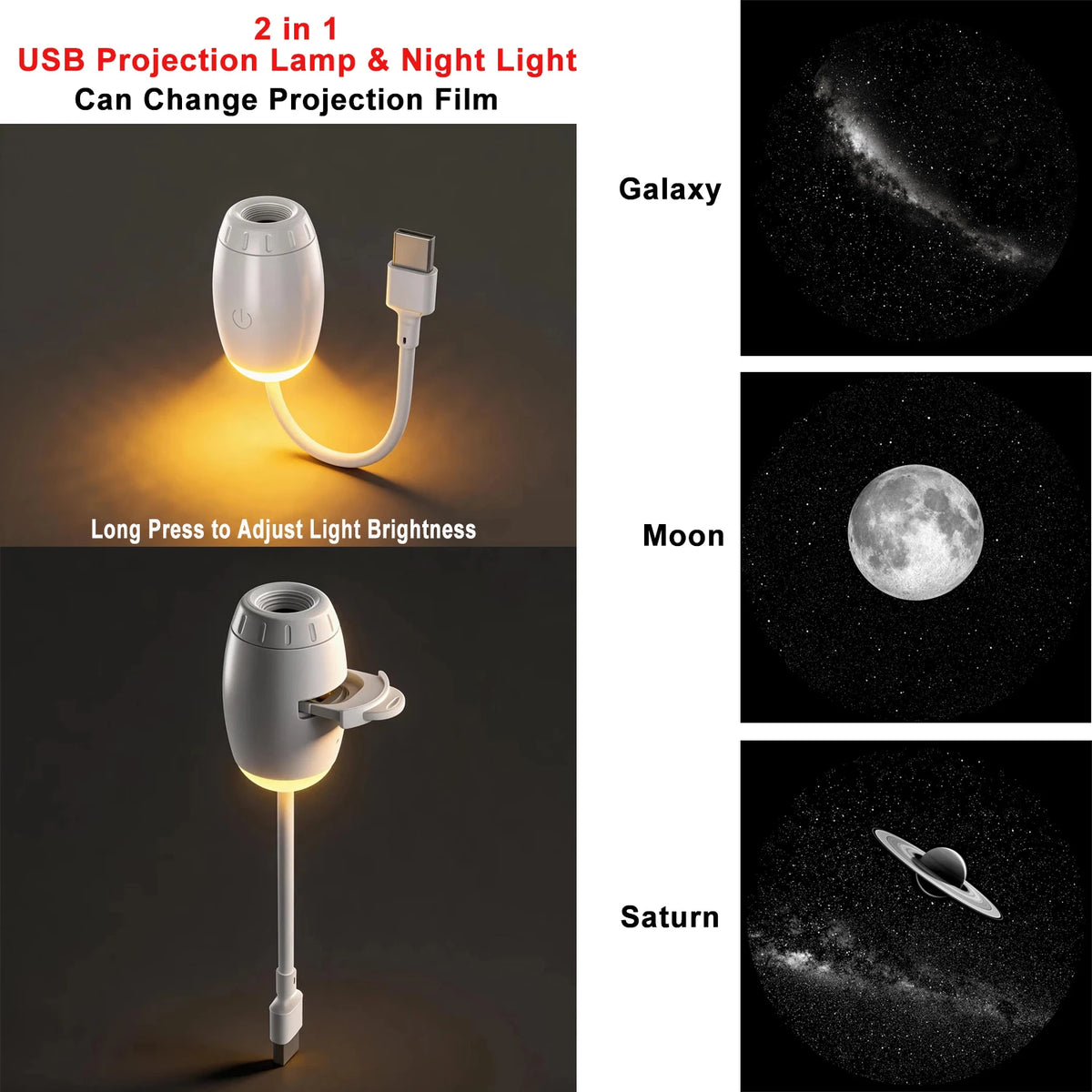 USB Galaxy Projector Light Car Roof Ambient Light Adjustable Focus Car Atmosphere Projection Lamp Romantic Room Star Night Light