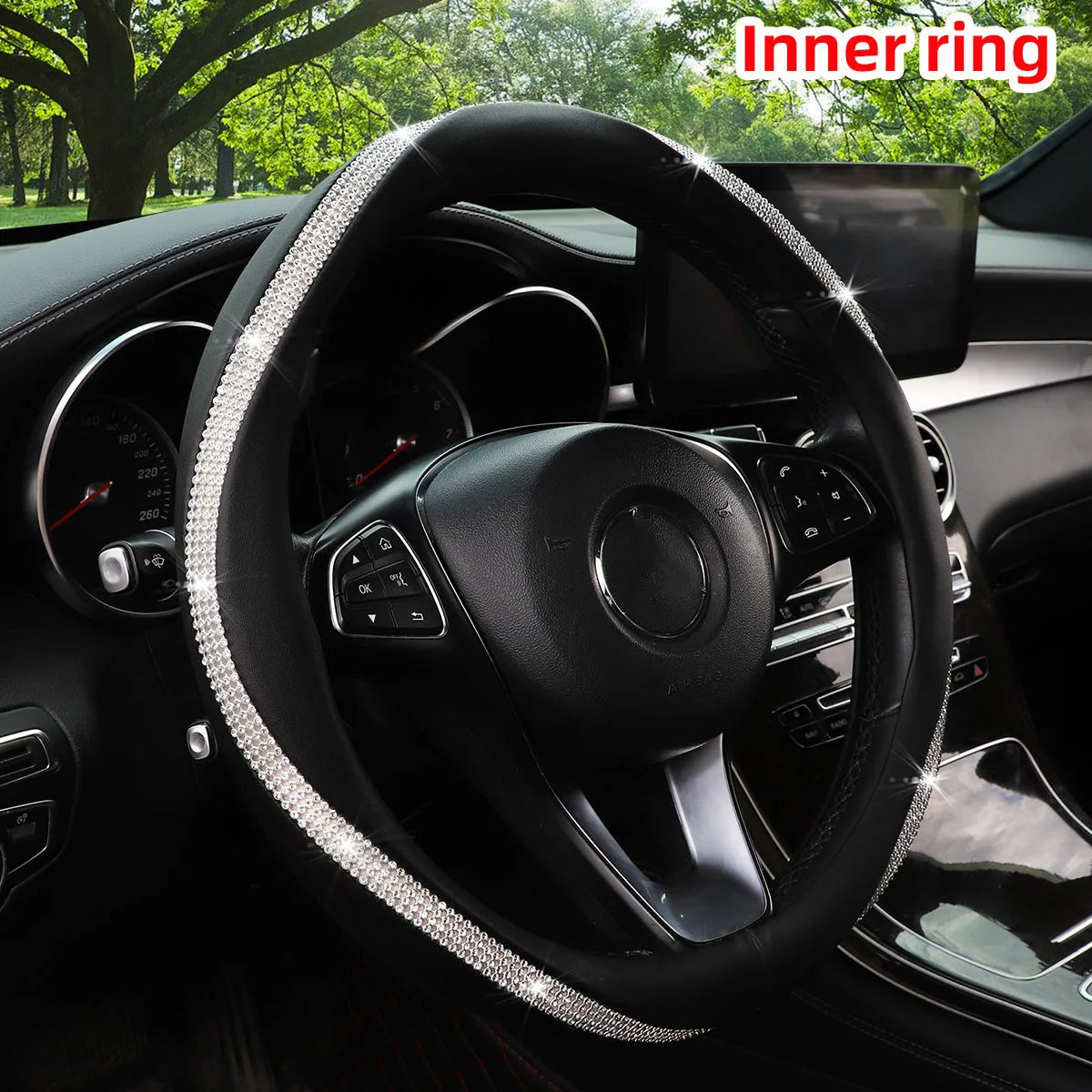Women's PU Leather Car Interior Wheel Cover with Flashing Mesh Rhinestones for 14.5-15 Inch Car Accessories