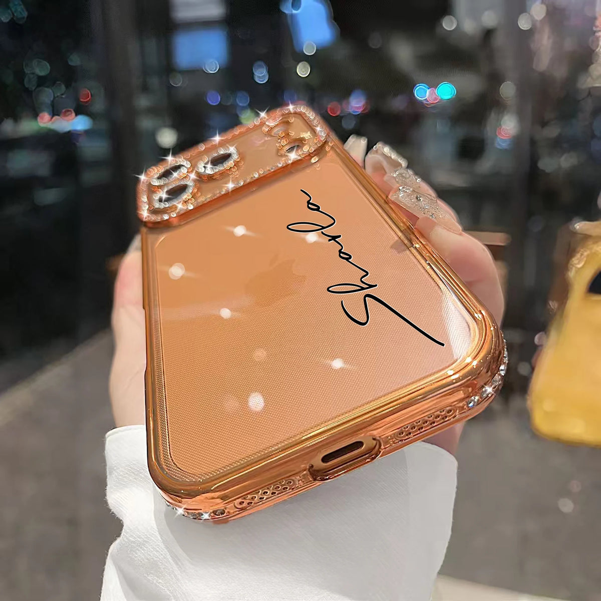 Custom Letters Name Starry Orange Rhinestone Glitter Frame Transparent Phone Case For iPhone 11 12 13 14 15 16 17Pro Max 17 Air