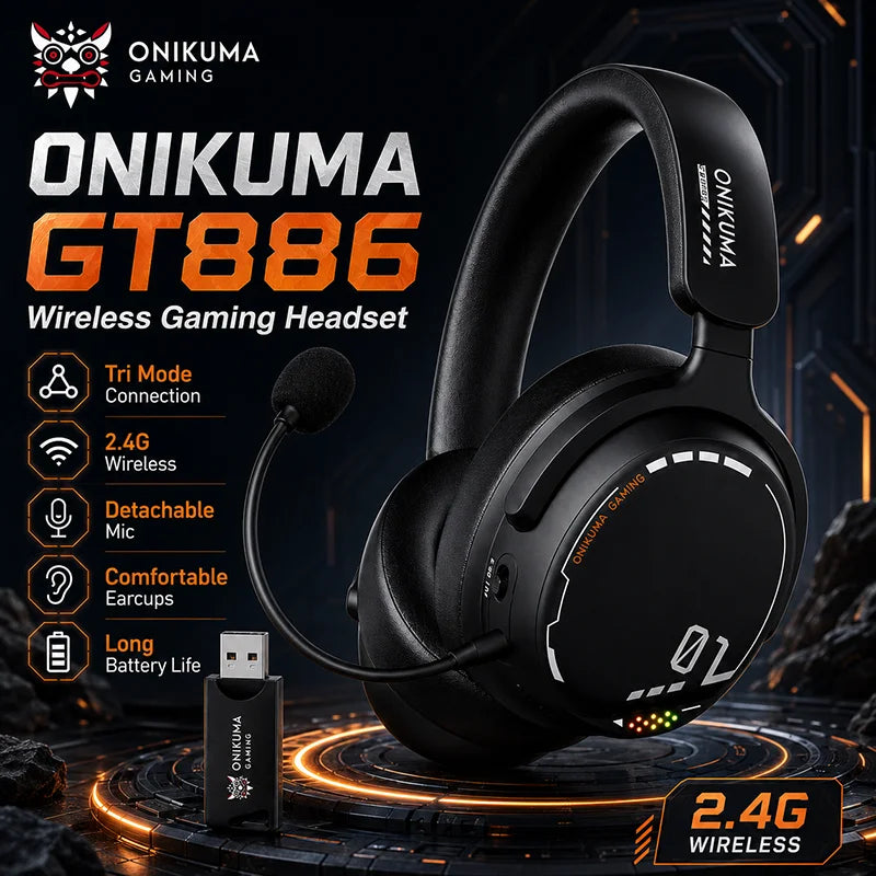 ONIKUMA GT886 Gaming Headset Tri Mode Bluetooth 2.4G Wireless Wired Low Latency Detachable Mic 60H Playtime For PC PS5 Switch