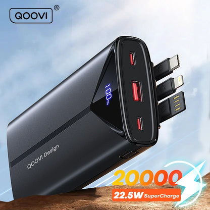 QOOVI 20000mah Power Bank 22.5W Fast Charging Built-in Cable External Large Battery Portable Charger For iPhone Samsung Xiaomi
