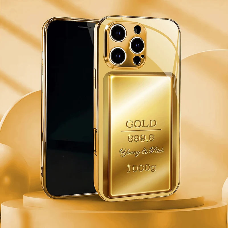 Gold Pure Gold Bar Pattern Gold Metallic Paint Glass Phone Case For iPhone 17 Pro Max 11 12 13 14 15 16 Plus 17 Air 16E Cover