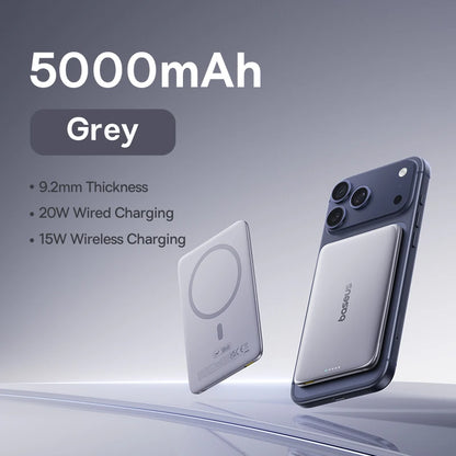 Baseus 5000mAh Magnetic Power Bank 15W Wireless 20W Wired Charging Thin Card-Sized Slim Portable Powerbank for iPhone 17 Samsung