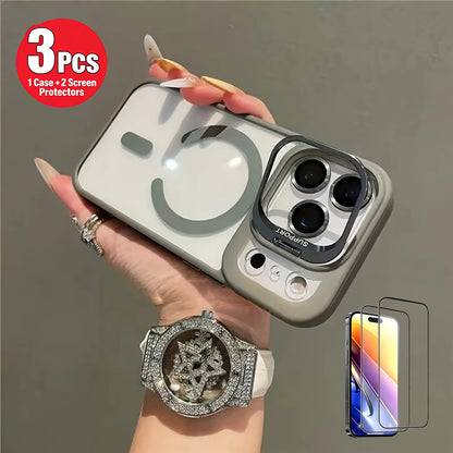 3 Pieces Set: 1 Magnetic Wireless Charging Compatible Case with Foldable Camera Bracket, Shockproof + 2 HD Anti-fingerprint Anti-scratch Tempered Glass Screen Protectors for iPhone 17 16 15 14 13 12 11 Pro Max, Ideal Mobile P