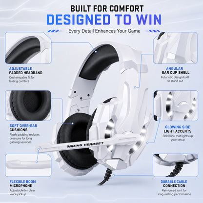 Gaming Headset G9000 Wired Over Ear Headphones White RGB LED with Mic Stereo Bass for PC PS4 PS5 Xbox Switch Gaming