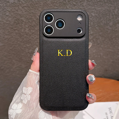 Personalized Name Faux Leather Phone Case For iPhone 17 16 15 14 13 Pro Max Plus Air Custom Initials DIY Hot Gold Foil Stamping