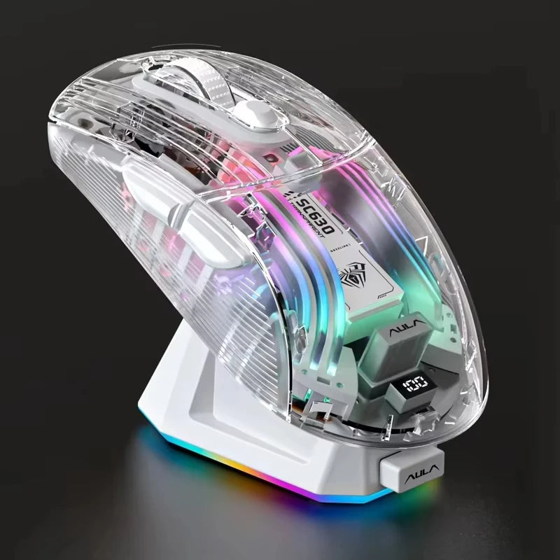 AULA SC630 Transparent Wireless Gaming Mouse Tri Mode Magnetic Charging Base RGB Lighting Battery Display For PC Gamer Office