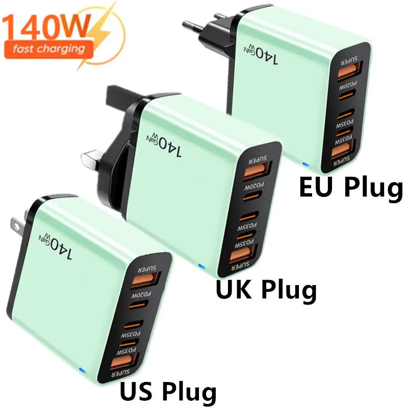 GaN 140W USB C Charger PD Fast Charging Travel Charger For iPhone Samsung Xiaomi Huawei OPPO Mobile Phone Adapter EU US UK Plug