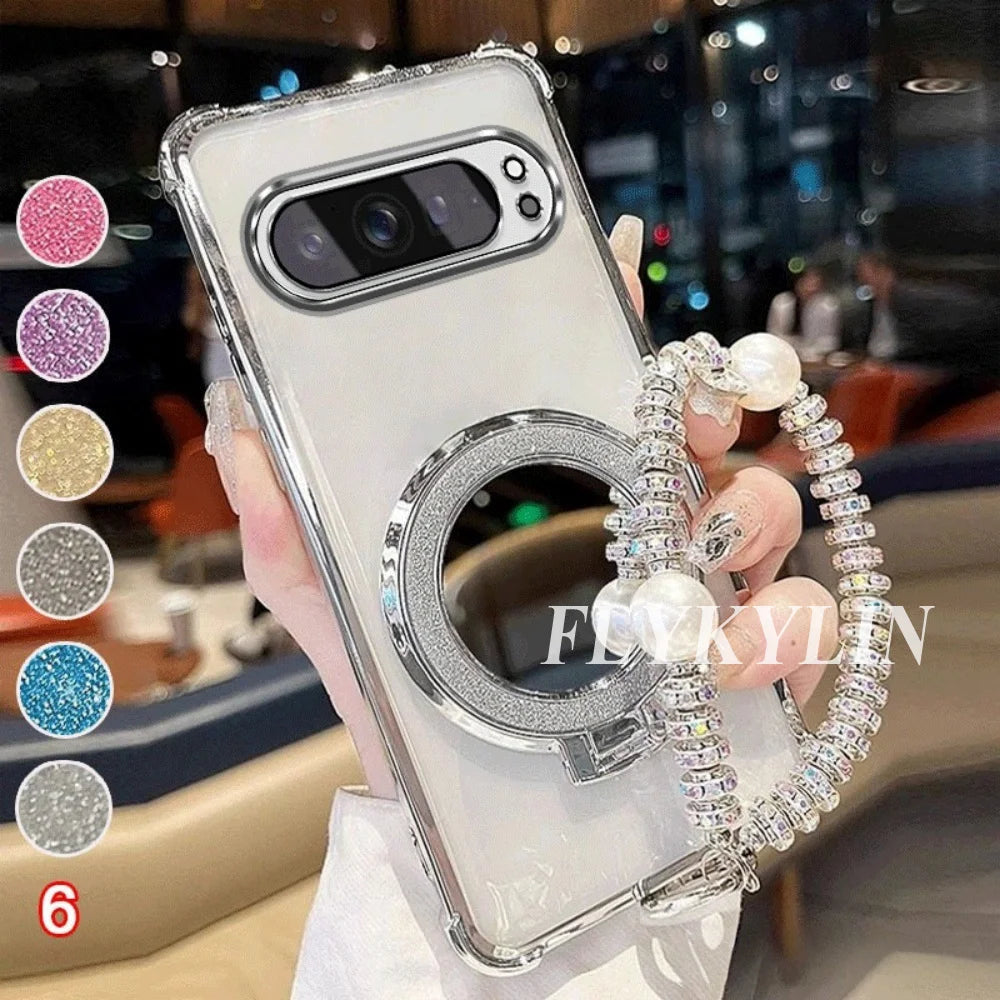 For Google Pixel 9 9A 9 10 Pro XL 10A 7 7A 8 8A Transparent Protective Soft Shell With Pearl Bracelet For Mirror Holder