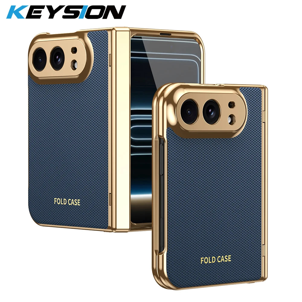 KEYSION Luxuxy PU Leather Fold Phone Case for iPhone Duo Plating Hard PC Shockproof Back Cover With Hinge+HD Screen Protector