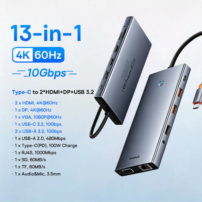 Baseus 13-in-1 USB C HUB to 2*HDMI 1*DP 4K@60Hz 1*VGA Quadruple Display USB 3.2 Adapter with RJ45 SD TF 3.5mm PD 100W Type C Hub