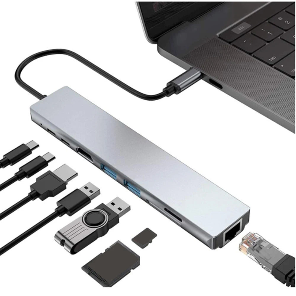 8 In 1 USB C Hub Type C 3.1 To 4K HD Adapter with RJ45 SD/TF Card Reader PD Fast Charge for MacBook Notebook Laptop Computer