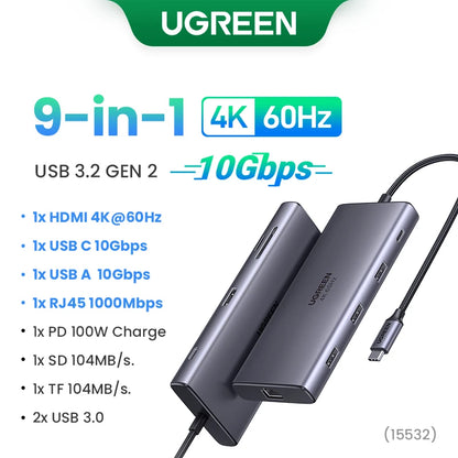UGREEN Dual HDMI USB HUB 8K HDMI Adapter 10 in 1 Splitter with RJ45 USB 3.0 PD 100W Dock for MacBook Pro Air M2 M1 USB C HUB