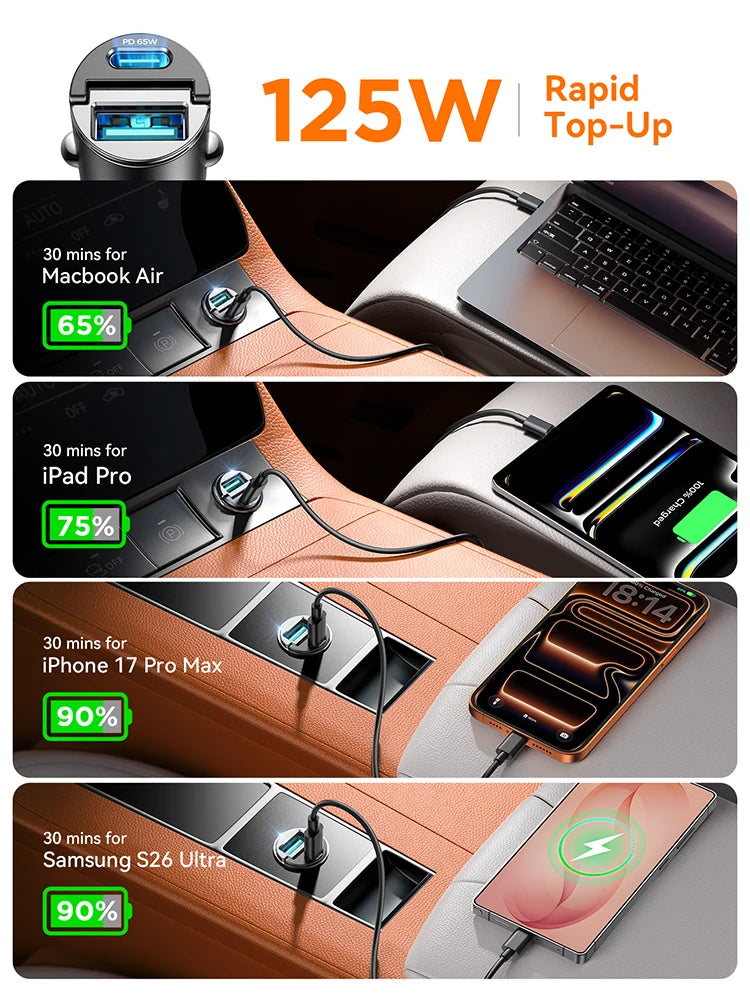 Joyroom 125W USB C Car Charger Type C AFC PPS QC PD 3.0 For iPhone 15 16 17 Sumsung Xiaomi Fast Charging Car Phone Charger