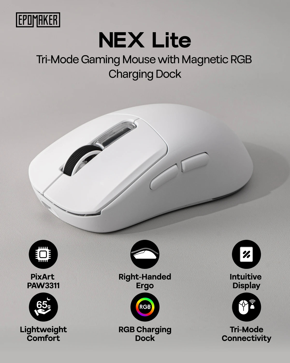 EPOMAKER NEX Lite Tri-mode Wireless PAW3311 Sensor Gaming Mouse with RGB Charging Dock & 1K Polling/12K DPI for Gaming & Office
