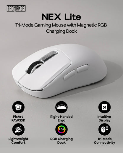 EPOMAKER NEX Lite Tri-mode Wireless PAW3311 Sensor Gaming Mouse with RGB Charging Dock & 1K Polling/12K DPI for Gaming & Office