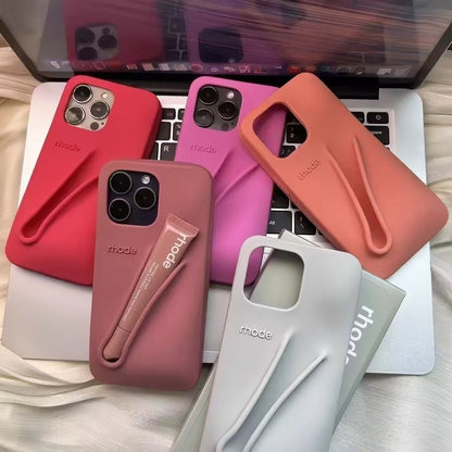 With Lipstick&Box Lip Gloss Holder Phone Case For iPhone Air 17 16 15 14 13 12 Pro Max Rhode Lipstick Trendy Silicone tpu Cover