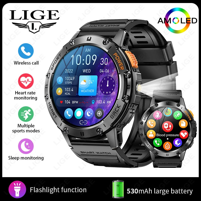 LIGE 1.43 Inch AMOLED Screen Bluetooth Call Flashlight 530mAh Outdoor Men Smart Watch Sports Health Monitor For Android IOS K65