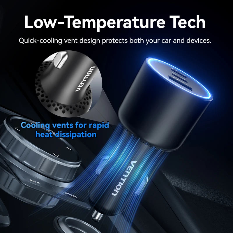 Vention 165W USB C Car Charger 3-Ports PD QC 4.0 45W For Samsung S25 iPhone 17 16 Macbook 100W Fast Charging Adapter With LED