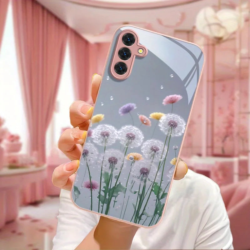 Hard Glass Flowers Case For Samsung S26 S25 Ultra S24 S23 Plus S21 FE S22 A57 A56 5G A55 A54 A36 A53 A52S A17 A34 A51 Case Cover