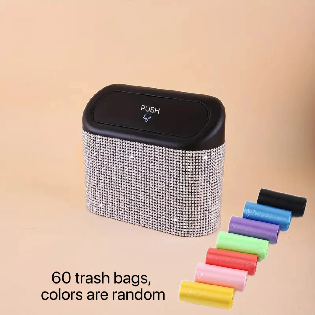 Artificial Rhinestone-Embellished Car Trash Can with 60 Dedicated Trash Bags, Car Interior Hanging Storage Box with Automatic Lid, Multifunctional Car Accessory