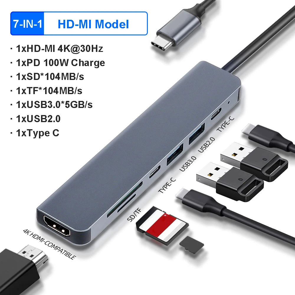 4K 30Hz USB C Docking Station Type C to HDMI-compatible VGA RJ45 Adapter USB 3.0 HUB Splitter For Laptop Macbook Air M1 iPad Pro
