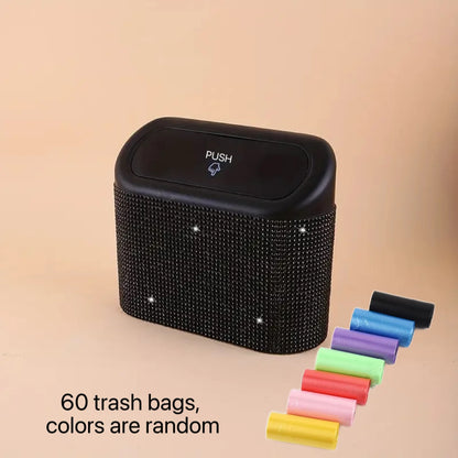 Artificial Rhinestone-Embellished Car Trash Can with 60 Dedicated Trash Bags, Car Interior Hanging Storage Box with Automatic Lid, Multifunctional Car Accessory