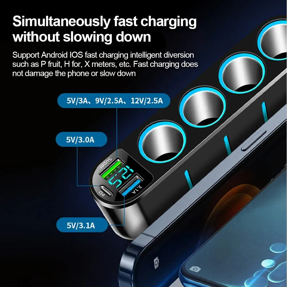 7 in 1 USB Type C Car Cigarette Lighter Splitter 4-Socket Fast Charger Power Adapter for Car DVR GPS Dashcam 12V 24V