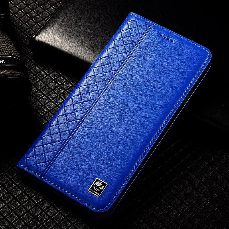 Flip Case For SAMSUNG Galaxy S26 S25 S24 S23 Ultra Plus FE 5G Genuine Leather Magnetic Cover Cowhide Grid Pattern Wallet Cases