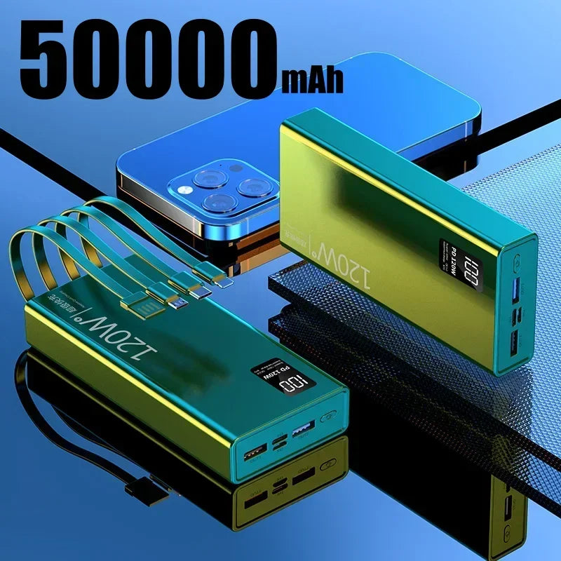 VIVO 120W 500000mAh Power Bank Built in 4 Cables Large Capacity Fast Charging Portable External Battery for iPhone Samsung New