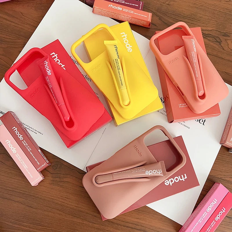 With Box Lipstick Rhod Phone Case for iPhone 16 17 Air 15 14 13 12 11 Pro Max Plus Makeup Lip Gloss Holder Silicone Back Cover