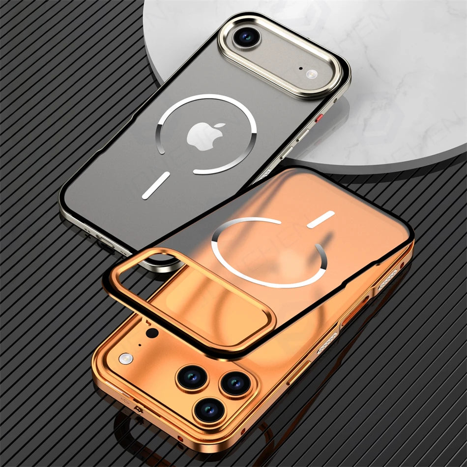 Metal Magnetic Suction Case For iPhone 17 Pro Max Air 16 15 14 13 Orange Aluminum Alloy Frame Anti-fall Matte Cover For Magsafe