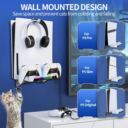 Wall Mount Kit For PS5/ Pro/ Slim Console with RGB Light Charging Station Headset Hanger For PS5 Dual Controller Accessories