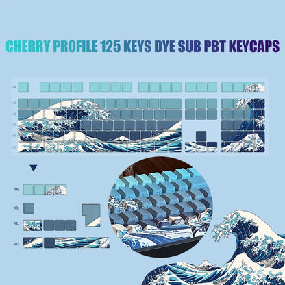Kanagawa Themed Top/Side Printed RGB Backlit Keycaps 125 Keys Dye Sub PBT Keycaps Cherry Profile for Cherry MX Swtches Keyboard