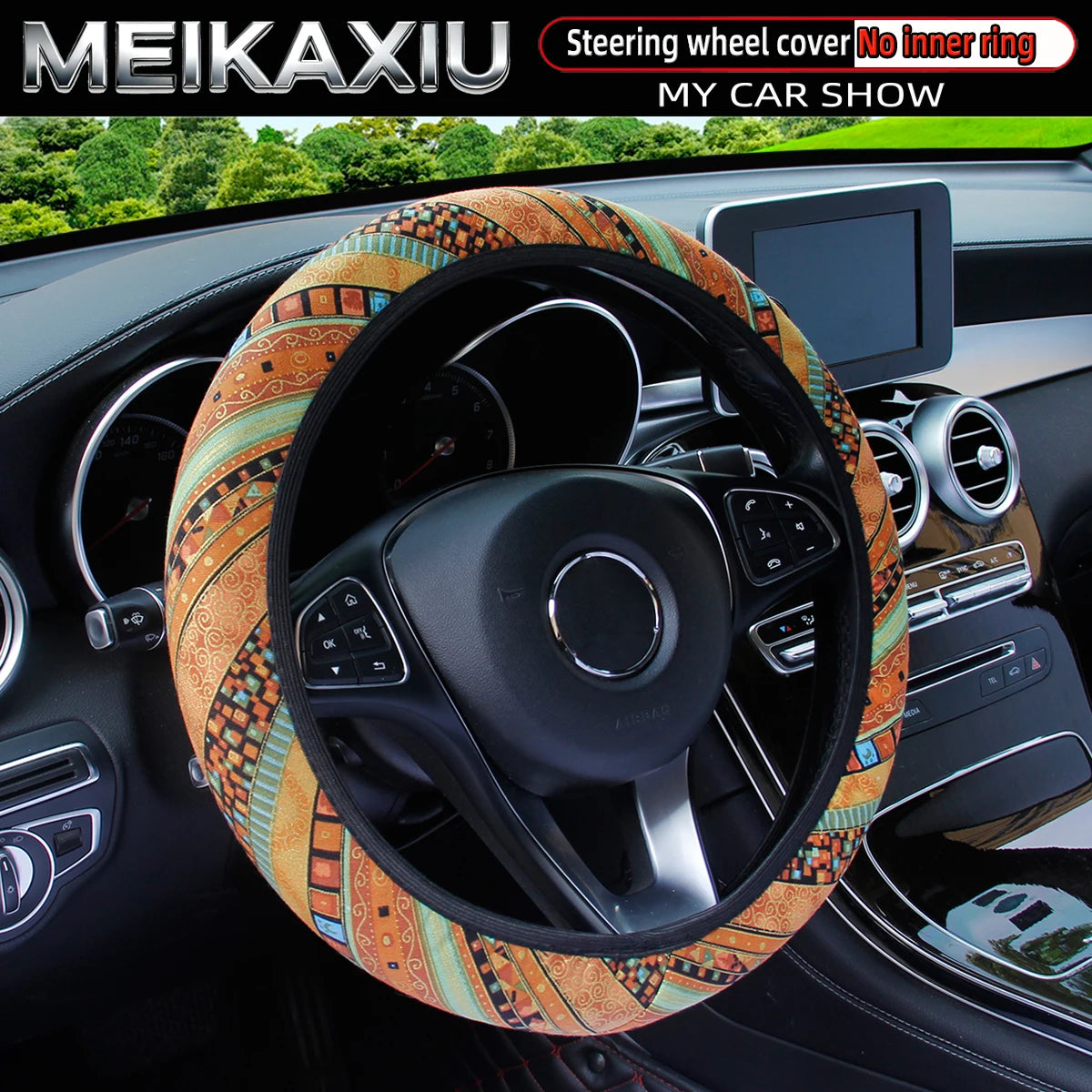 38CM Ethnic Bohemian Style Fabric Car Steering Wheel Cover All-Season Use No Inner Ring Automotive Decoration Accessory