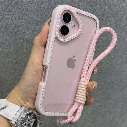 Shining Bling Diamond Transparent Phone Case For iPhone 17 16 15 14 13 12 11 Pro Max Plus 16e 17Air With Wristband Lanyard Cover