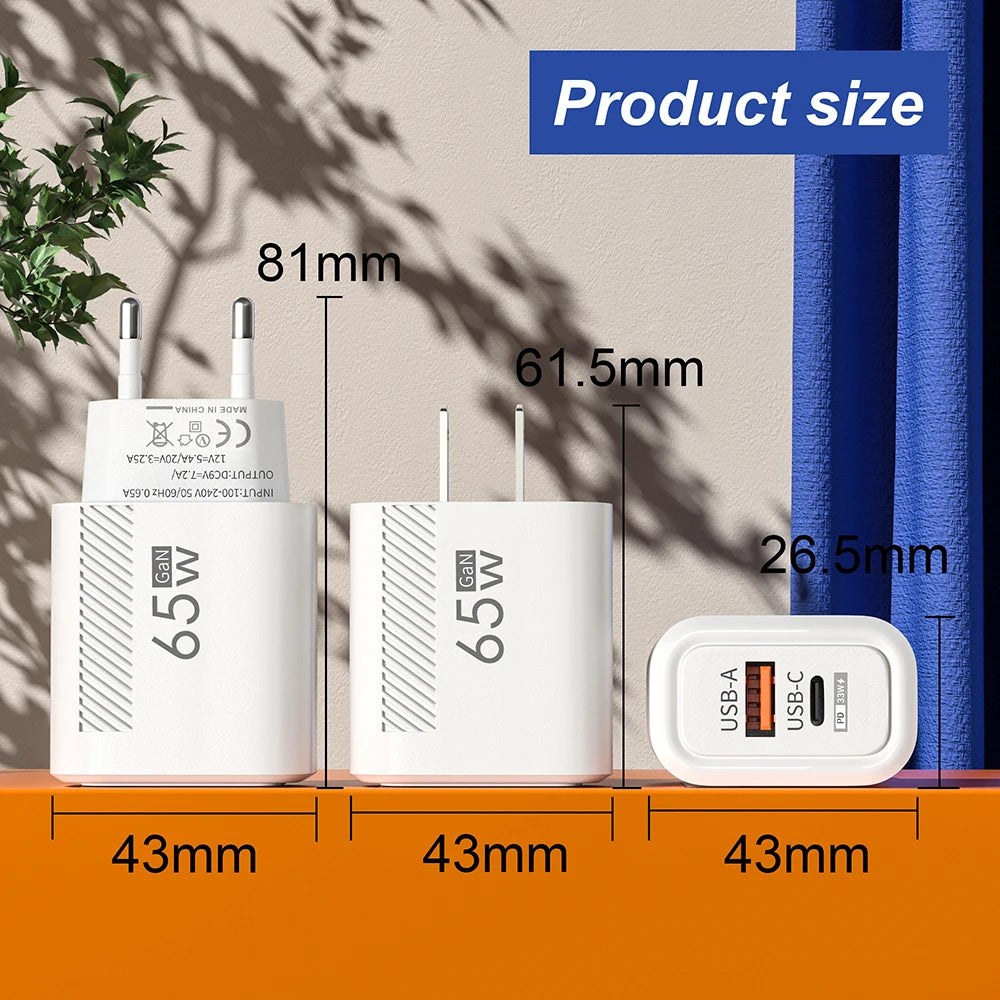 65W USB-C Charger GaN Fast Charging PD Type C Cable Mobile Phone Adapter For iPhone 16 Xiaomi Samsung Xiaomi QC 3.0 Wall Charger