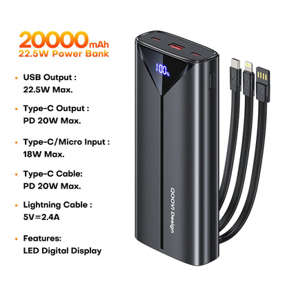 QOOVI 20000mah Power Bank 22.5W Fast Charging Built-in Cable External Large Battery Portable Charger For iPhone Samsung Xiaomi