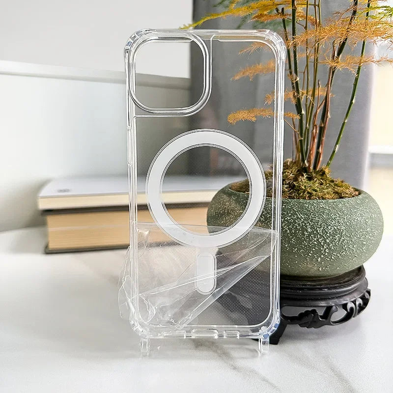Crossbody Lanyard Clear Magnetic Case For iPhone 15 Pro 16 14 13 12 Pro Max For Magsafe Shockproof Acrylic Hard PC Back Cover