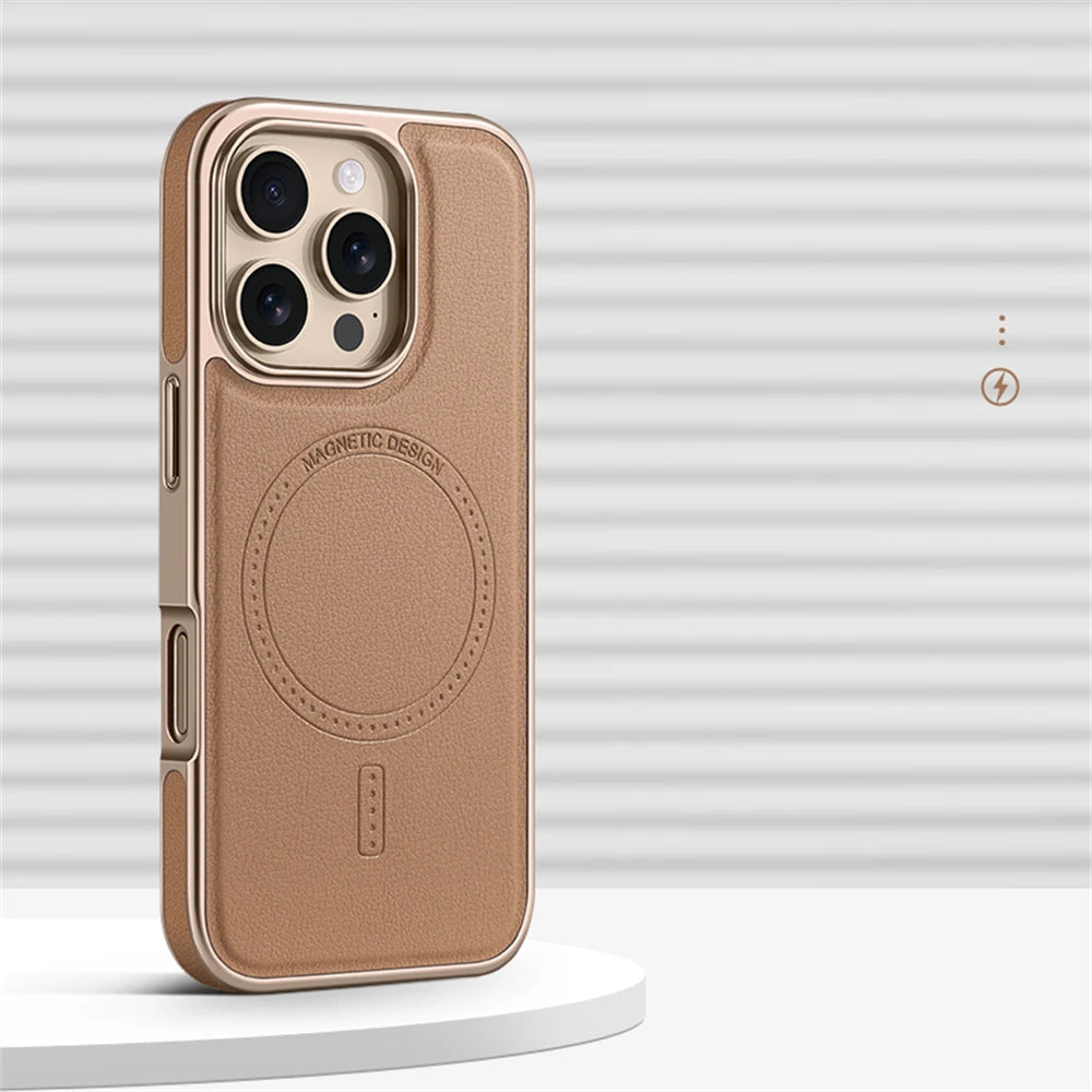 Premium Plating Frame Business Leather Magnetic Case for iPhone 17 16 15 14 13 Pro Max  Plus 17Air For Magsafe Shockproof Cover