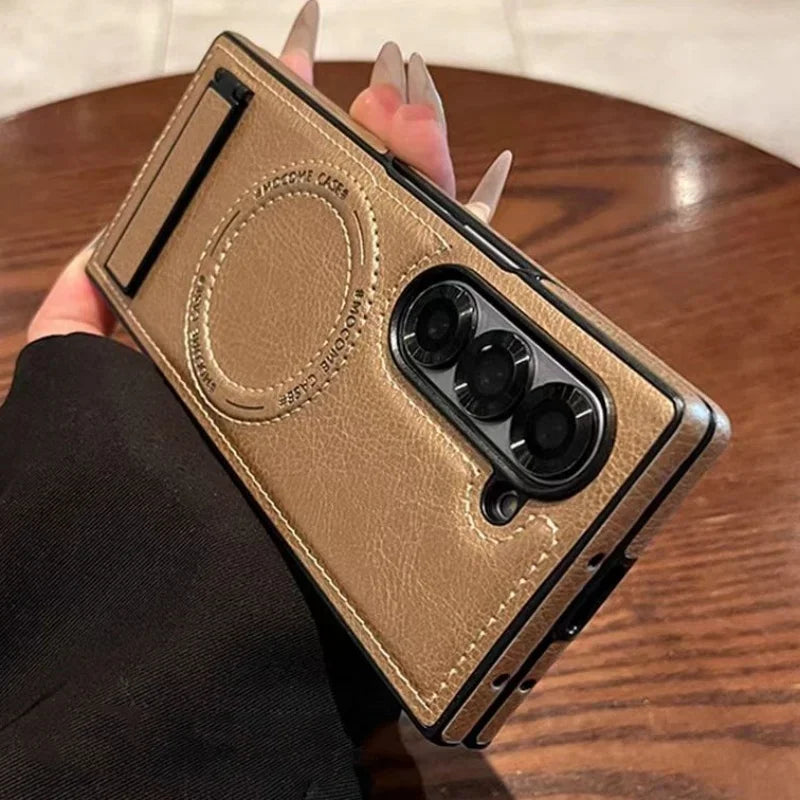 Retro Leather Hidden Tripod Phone Case For Samsung Galaxy Z Fold 7 6 5 4 3 Magnetic Wireless Charging Lens Fall Prevention Cover