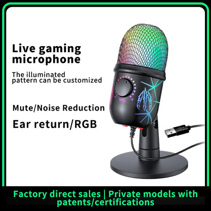 Gaming Microphone USB Microphone for PC Condenser Podcast Mic for Studio Recording with Headphone Jack, Led, Noise Cancellation