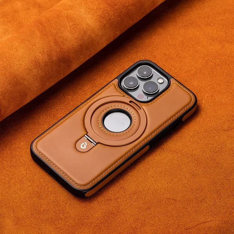 Luxury Leather Magnetic Ring Holder Case For iPhone 16 Pro Max 15 14 Plus 13 12 For Magsafe Hollow Logo Bracket Business Cover