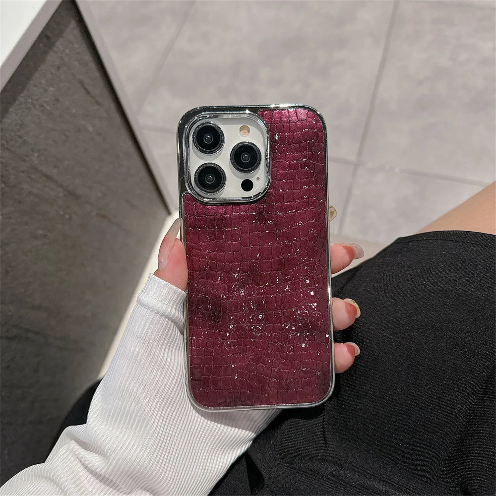 Luxury Glossy Crocodile Pattern Case For iPhone 17 Air 16 15 14 13 12 11 Pro Max Plus Plating Cool Armor Shockproof Bright Cover